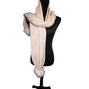 Womens Waffle Knit Faux Fur Pom-Pom Y2K Cream Soft Cozy Winter Shawl/Scarf